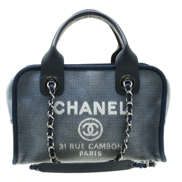 Pre Owned Chanel Blue Denim Deauville Bowling Bag
