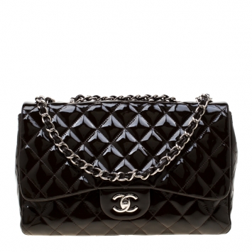 Pre Owned Chanel Dark Brown Quilted Patent Leather Jumbo Classic Single Flap Bag