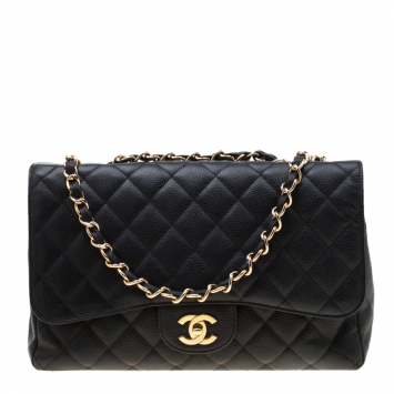 Pre Owned Chanel Black Quilted Caviar Leather Jumbo Classic Single Flap Bag
