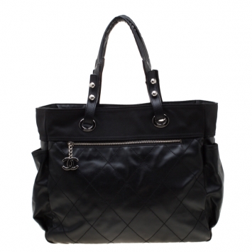 Pre Owned Chanel Black Quilted Coated Canvas and Canvas Large Paris Biarritz Tote 
