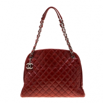 Pre Owned Chanel Red Quilted Patent Leather Just Mademoiselle Bowling Bag
