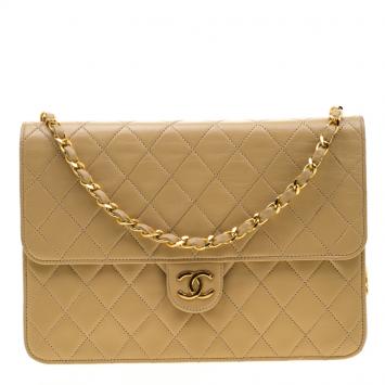 Pre Owned Chanel Cream Quilted Leather Medium Classic Single Flap Bag