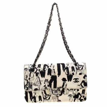 مملوكة مسبقًا Chanel White/Black Sketch Canvas Karl Lagerfeld Limited Edition Classic Double Flap Bag