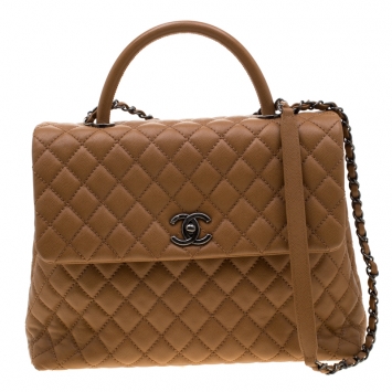 Pre Owned Chanel Tan Caviar Leather Large Quilted Coco Top Handle Bag