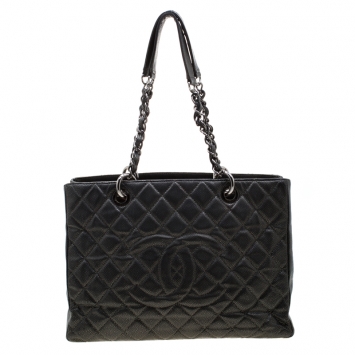 Pre Owned Chanel Metallic Grey Quilted Caviar Leather Grand Shopper Tote