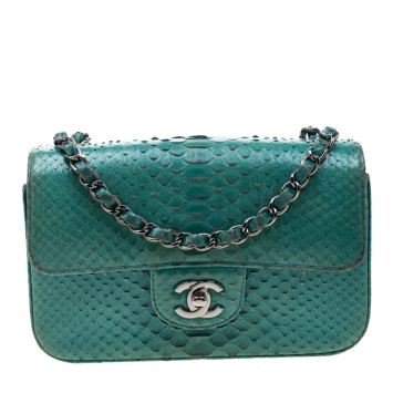 Pre Owned Chanel Turquoise Python New Mini Classic Single Flap Bag