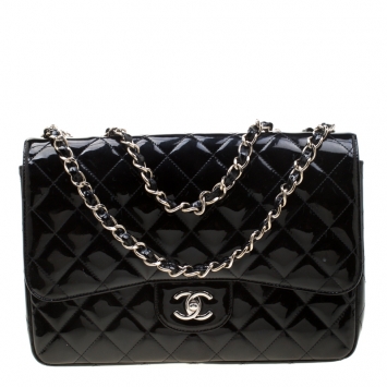 Pre Owned Chanel Black Quilted Patent Leather Jumbo Classic Single Flap Bag