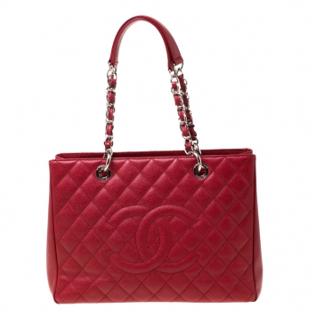 Pre Owned Chanel Red Quilted Caviar Leather Grand Shopper Tote