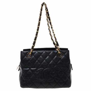 Pre Owned Chanel Black Quilted Caviar Leather Petite Timeless Shopper Tote