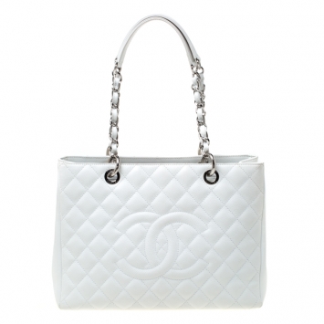 Pre Owned Chanel White Quilted Caviar Leather Grand Shopper Tote