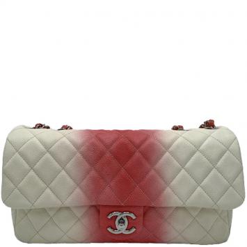 Pre Owned Chanel White/Red Quilted Caviar Leather Jumbo Ombre Single Flap Bag