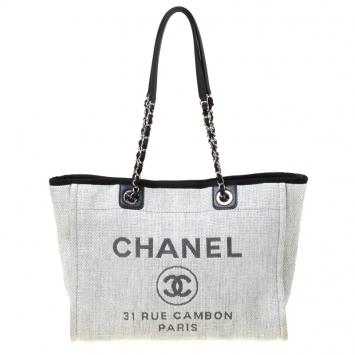 Pre Owned Chanel Grey Canvas and Leather Medium Deauville Shopper Tote