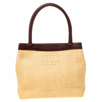 Pre Owned Chanel Yellow/Brown Raffia and Leather CC Tote 