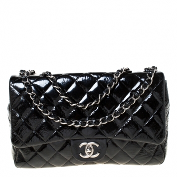Pre Owned Chanel Black Quilted Patent Leather Jumbo Classic Single Flap Bag
