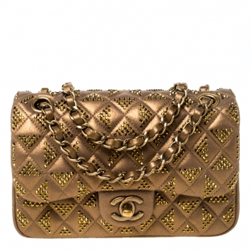 Pre Owned Chanel Bronze Crystal Embellished Leather CC Flap Shoulder Bag