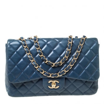 Pre Owned Chanel Teal Blue Quilted Leather Jumbo Classic Single Flap Bag