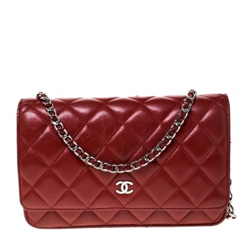 Pre Owned Chanel Red Quilted Leather WOC Chain Clutch Bag