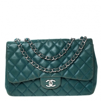 Pre Owned Chanel Green Quilted Leather Jumbo Classic Single Flap Bag