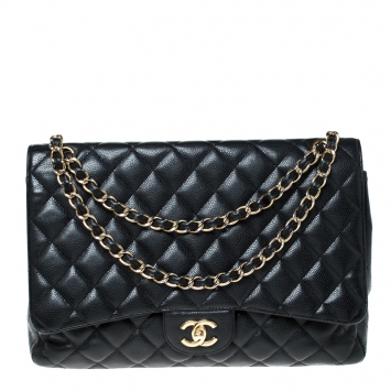 Pre Owned Chanel Black Quilted Caviar Leather Maxi Classic Single Flap Bag