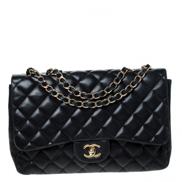 Pre Owned Chanel Black Quilted Leather Jumbo Classic Single Flap Bag