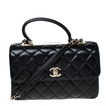 Pre Owned Chanel Black Lambskin Leather Trendy CC Medium Top Handle Bag