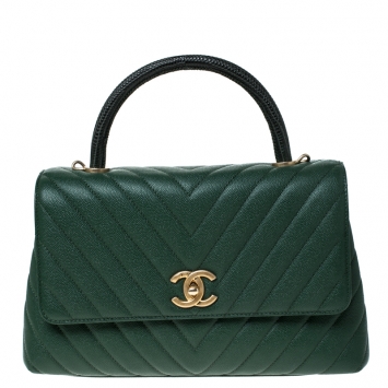 Pre Owned Chanel Green Chevron Quilted Leather and Lizard Small Coco Top Handle Bag