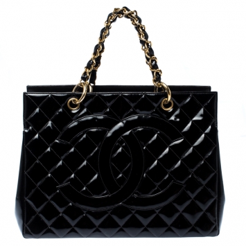 Pre Owned Chanel Black Quilted Patent Leather Petite Shopping Tote