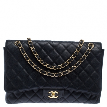 Pre Owned Chanel Black Quilted Caviar Leather Maxi Classic Single Flap Bag