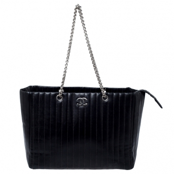 Pre Owned Chanel Black Vertical Quilted Leather Large Mademoiselle Tote