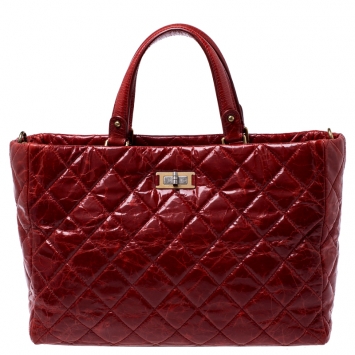 Pre Owned Chanel Dark Orange Cracked Quilted Leather Mademoiselle 2.55 Reissue Tote