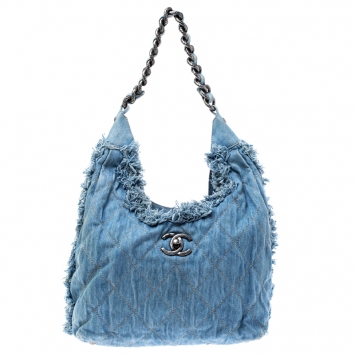 Pre Owned Chanel Blue Quilted Denim Fringe CC Hobo