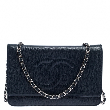 Pre Owned Chanel Navy Blue Caviar Leather Wallet On Chain