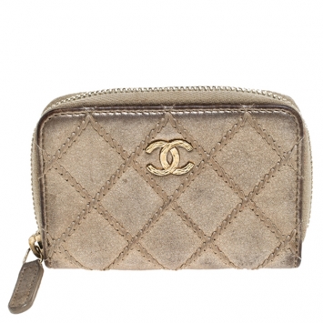 Pre Owned Chanel Gold Quilted Leather Zip Around Coin Purse