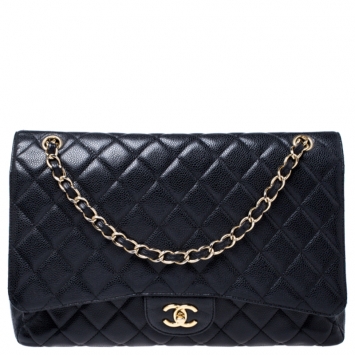 Pre Owned Chanel Black Quilted Caviar Leather Maxi Classic Single Flap Bag