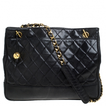 Pre Owned Chanel Black Quilted Leather Vintage Chain Timeless Tote