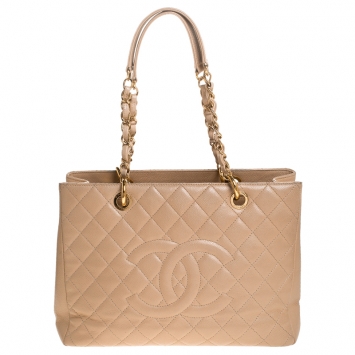 Pre Owned Chanel Beige Quilted Caviar Leather Grand Shopper Tote