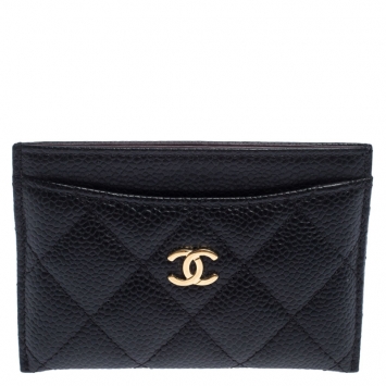 Pre Owned Chanel Black Quilted Caviar Leather Classic Card Holder