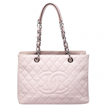 Pre Owned Chanel Blush Pink Quilted Caviar Leather Grand Shopping Tote