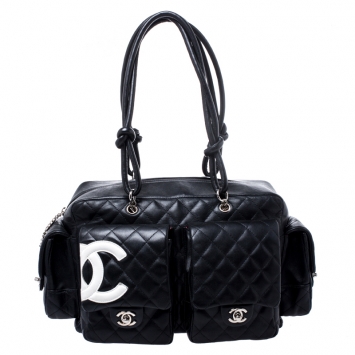 Pre Owned Chanel Black Quilted Leather Ligne Cambon Reporter Bag