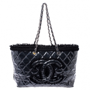 Pre Owned Chanel Black Quilted Vinyl and Tweed CC Tote