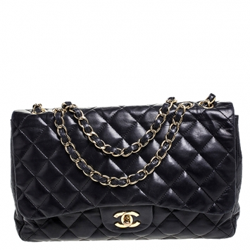 Pre Owned Chanel Black Quilted Leather Jumbo Classic Single Flap Bag
