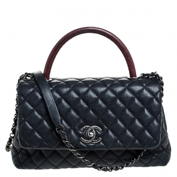 Pre Owned Chanel Navy Blue Quilted Caviar Leather Medium Lizard Handle Coco Flap Bag