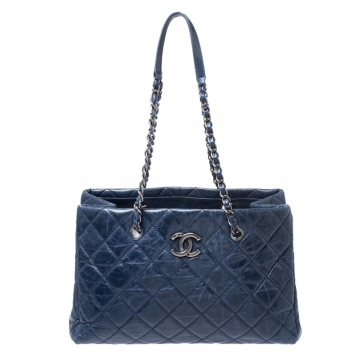Pre Owned Chanel Blue Quilted Crinkled Leather Shopper Tote