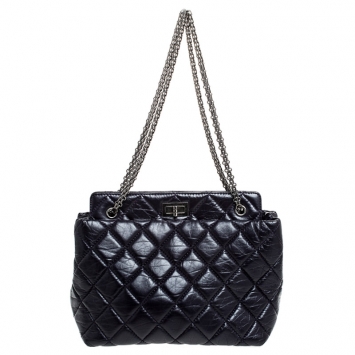 Pre Owned Chanel Purple Quilted Crackled Leather Mademoiselle Lock Chain Tote