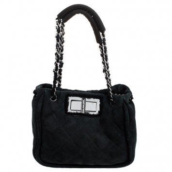 Pre Owned Chanel Black Nubuck Leather and Shearling Mademoiselle Lock Chain Tote