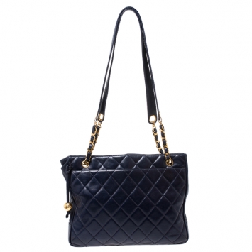 Pre Owned Chanel Navy Blue Quilted Leather Vintage Tote