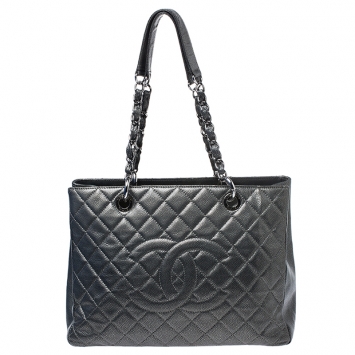 Pre Owned Chanel Metallic Grey Quilted Caviar Leather Grand Shopper Tote
