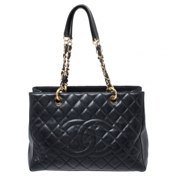 Pre Owned Chanel Black Quilted Caviar Leather Grand Shopper Tote
