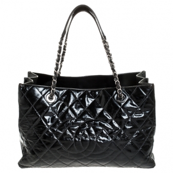 Pre Owned Chanel Black Quilted Crackled Glossy Leather Grand Shopper Tote