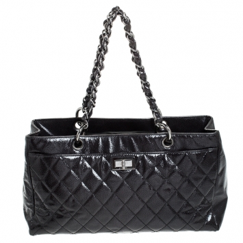 Pre Owned Chanel Black Quilted Caviar Patent Leather Shopper Tote